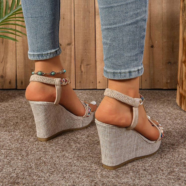 Women's Wedge Sandals – Rhinestone Straw Heels with Hemp Rope Design