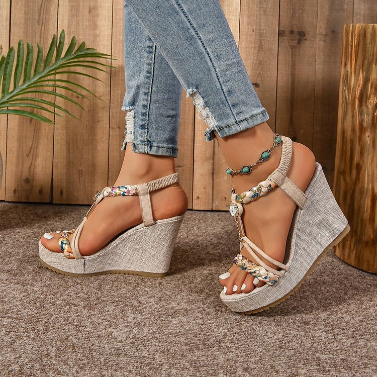 Women's Wedge Sandals – Rhinestone Straw Heels with Hemp Rope Design