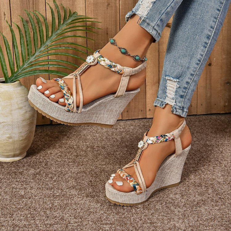 Women's Wedge Sandals – Rhinestone Straw Heels with Hemp Rope Design