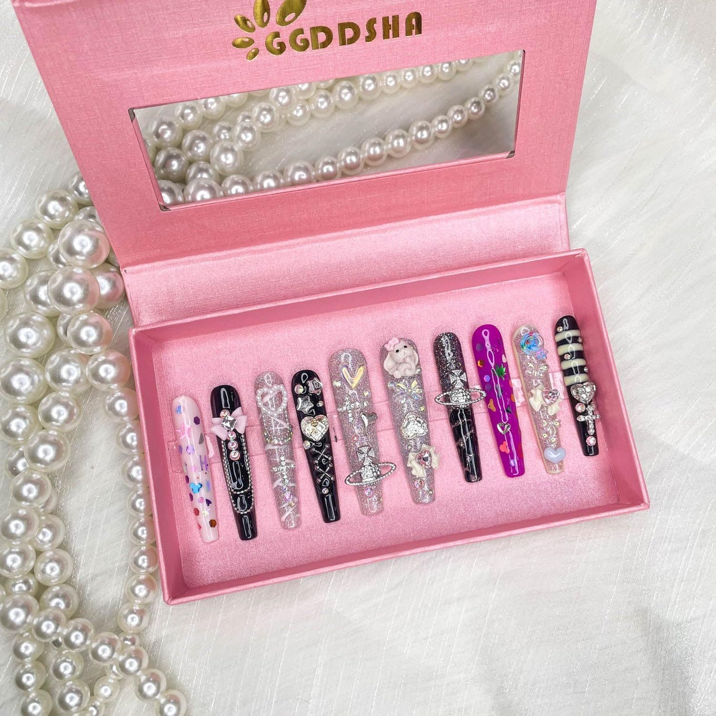 GGDDSHA 3D Flower French Tip Press-On Nails – Handmade Summer Acrylic Set