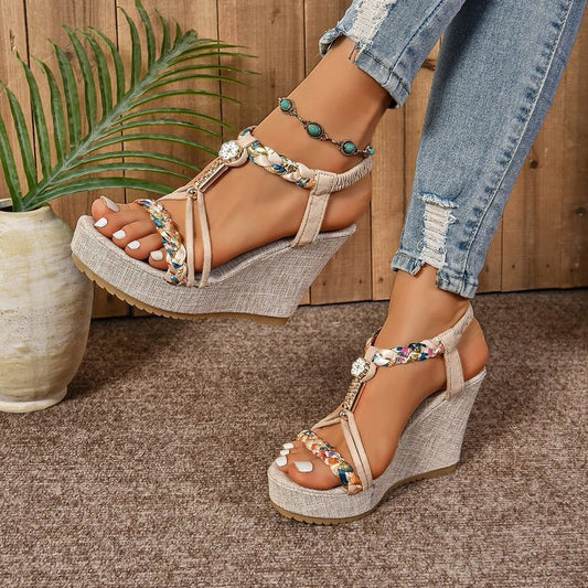 Women's Wedge Sandals – Rhinestone Straw Heels with Hemp Rope Design