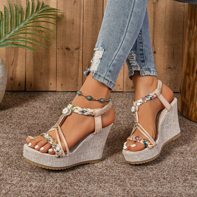 Women's Wedge Sandals – Rhinestone Straw Heels with Hemp Rope Design